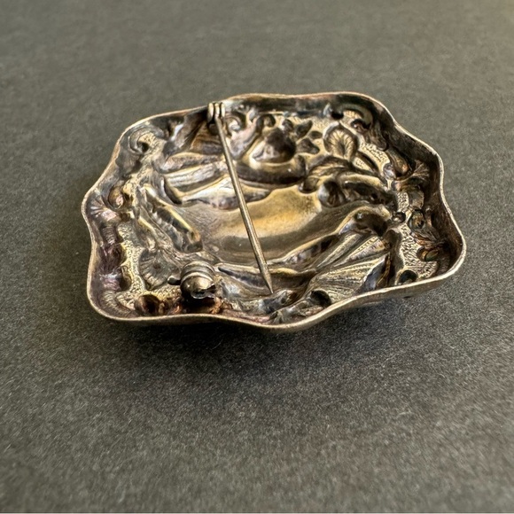 Art Nouveau Silver Brooch Ornate Square Pin Vintage Antique Estate Jewelry - Picture 8 of 11